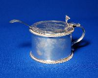 English Silver Mustard Jar, Glass Liner, and Spoon