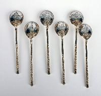 Set of 6 Russian Silver and Niello Teaspoons