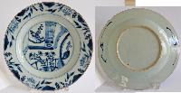 Blue and White Plate with Sunflowers and Chinese Garden