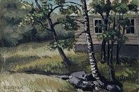 Birch Tree with House and Grass